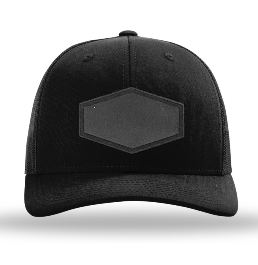 Black/ Black Richardson Leather Patch Trucker Hat