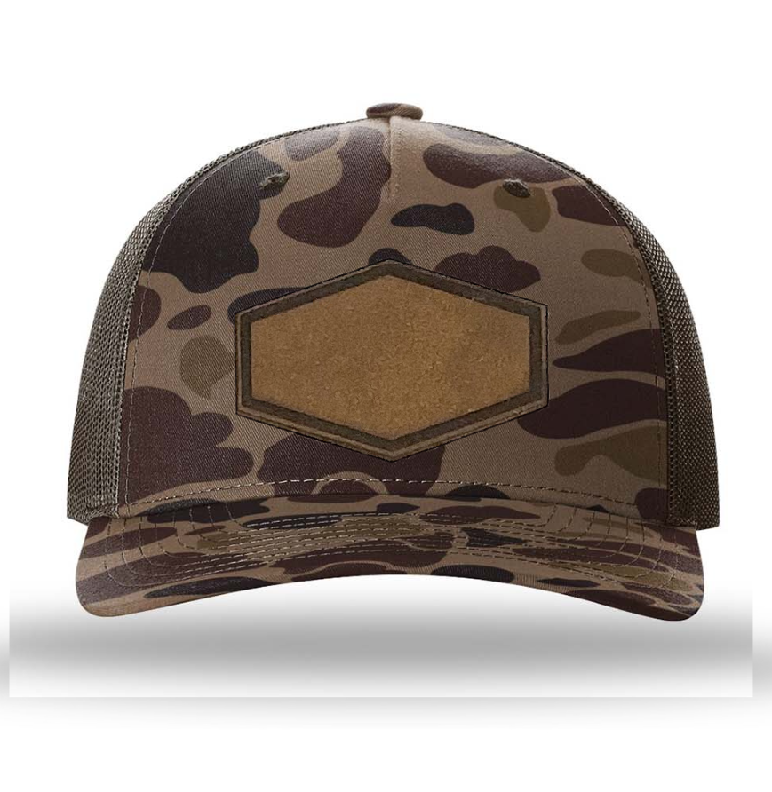Bark Duck Camo/ Brown Richardson Leather Patch Trucker Hat