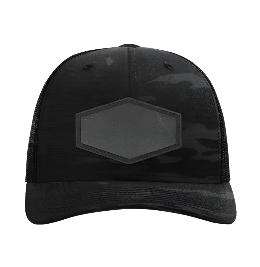 Black Multicam/ Black Richardson Leather Patch Trucker Hat