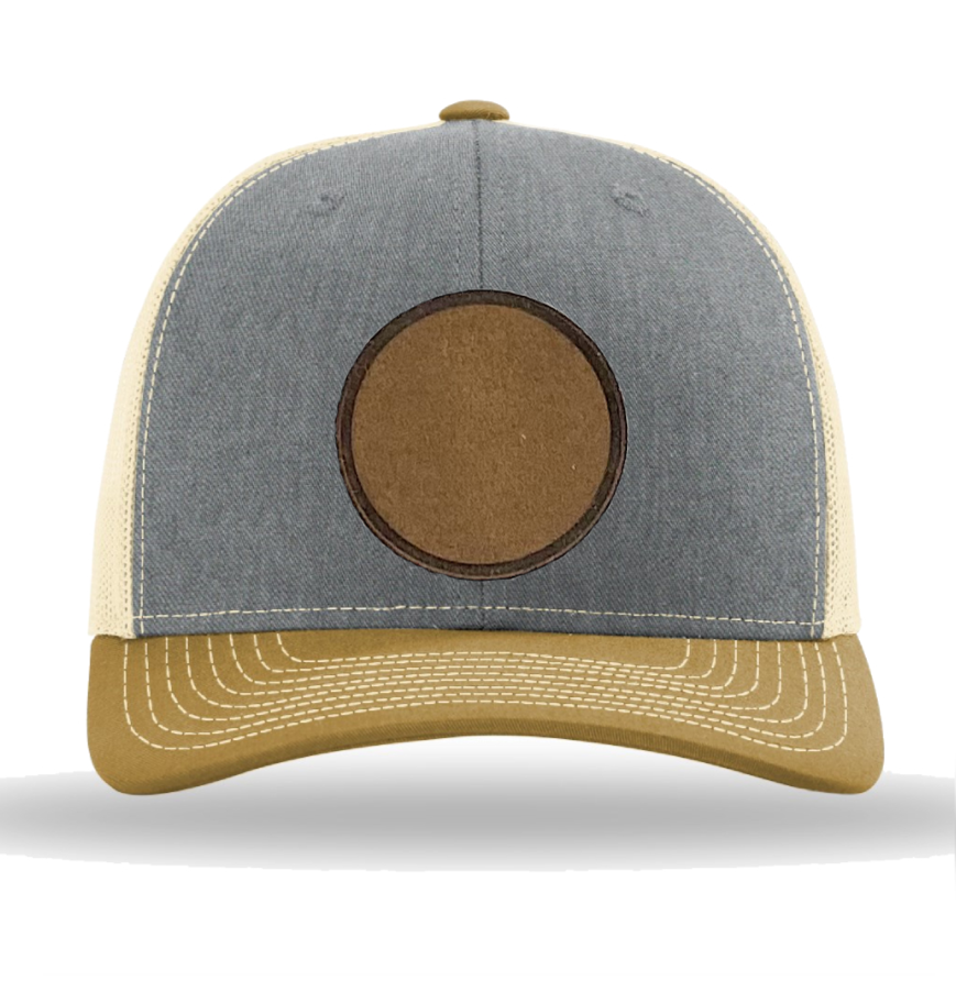 Heather Grey/ Birch/ Amber Gold Richardson Leather Patch Trucker Hat