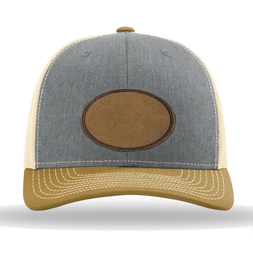 Heather Grey/ Birch/ Amber Gold Richardson Leather Patch Trucker Hat