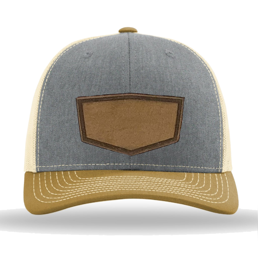Heather Grey/ Birch/ Amber Gold Richardson Leather Patch Trucker Hat
