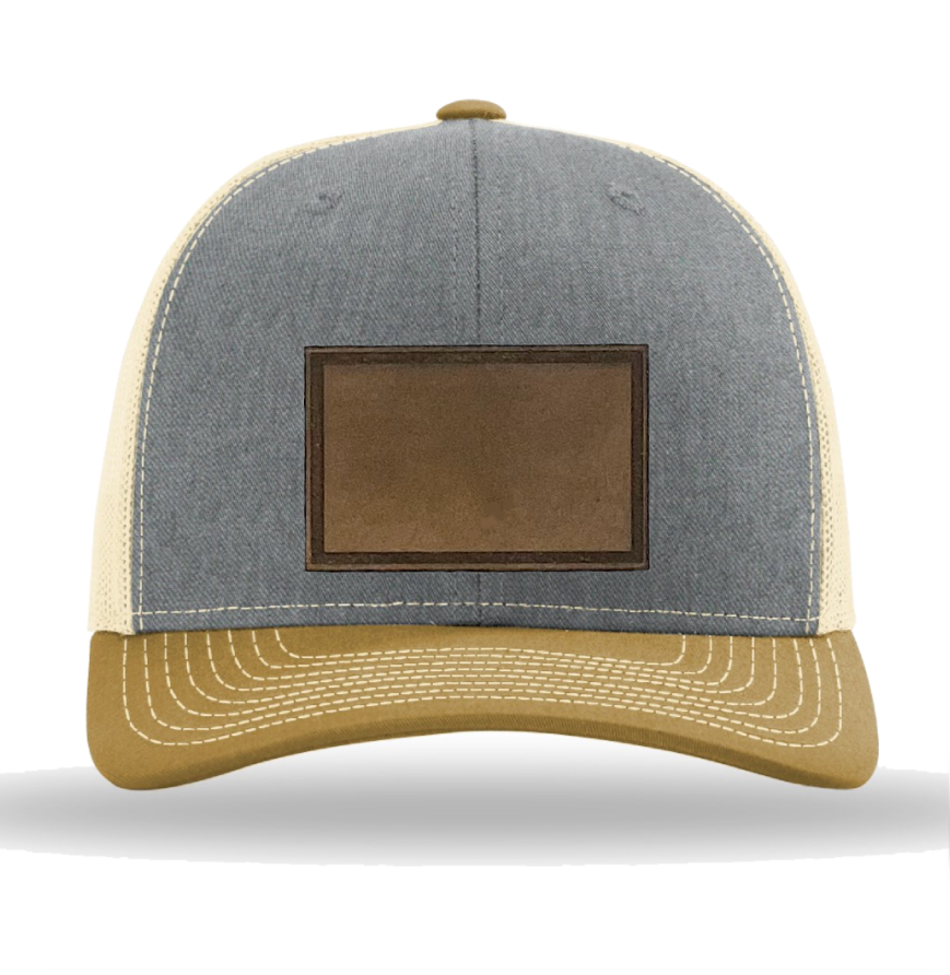 Heather Grey/ Birch/ Amber Gold Richardson Leather Patch Trucker Hat