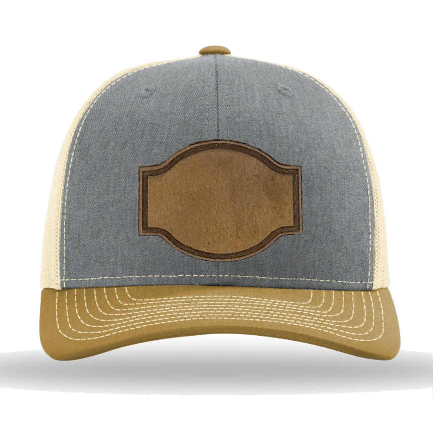Heather Grey/ Birch/ Amber Gold Richardson Leather Patch Trucker Hat