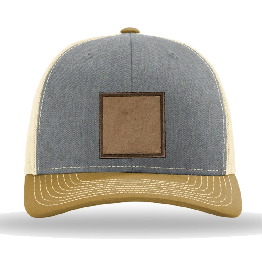 Heather Grey/ Birch/ Amber Gold Richardson Leather Patch Trucker Hat