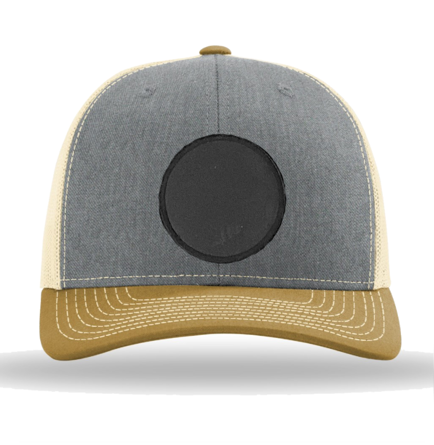 Heather Grey/ Birch/ Amber Gold Richardson Leather Patch Trucker Hat