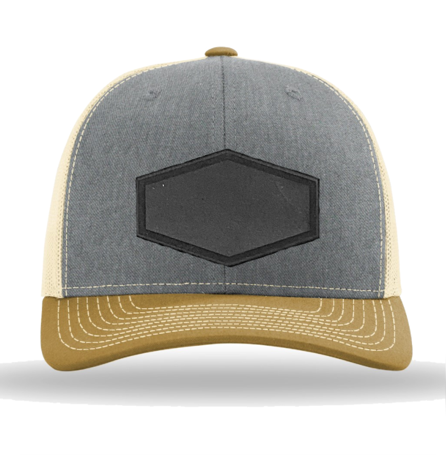 Heather Grey/ Birch/ Amber Gold Richardson Leather Patch Trucker Hat