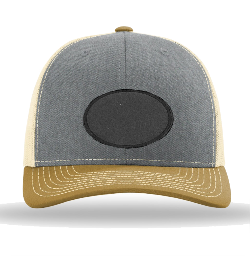 Heather Grey/ Birch/ Amber Gold Richardson Leather Patch Trucker Hat