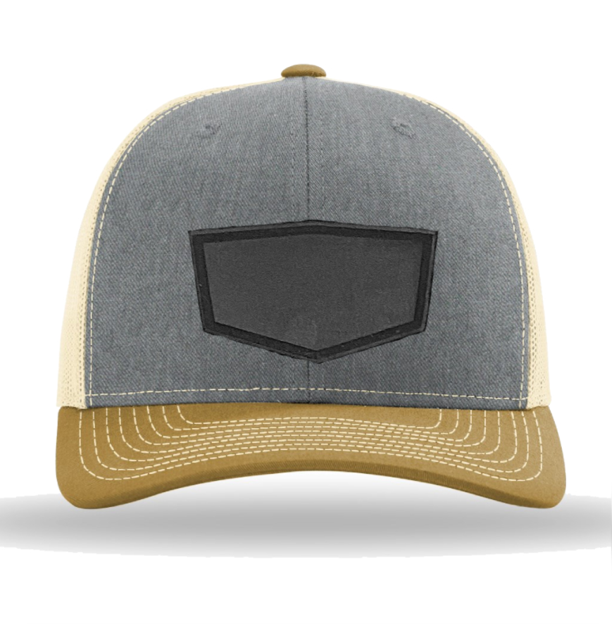 Heather Grey/ Birch/ Amber Gold Richardson Leather Patch Trucker Hat