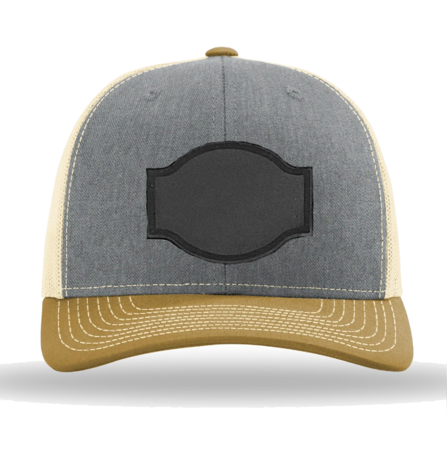 Heather Grey/ Birch/ Amber Gold Richardson Leather Patch Trucker Hat
