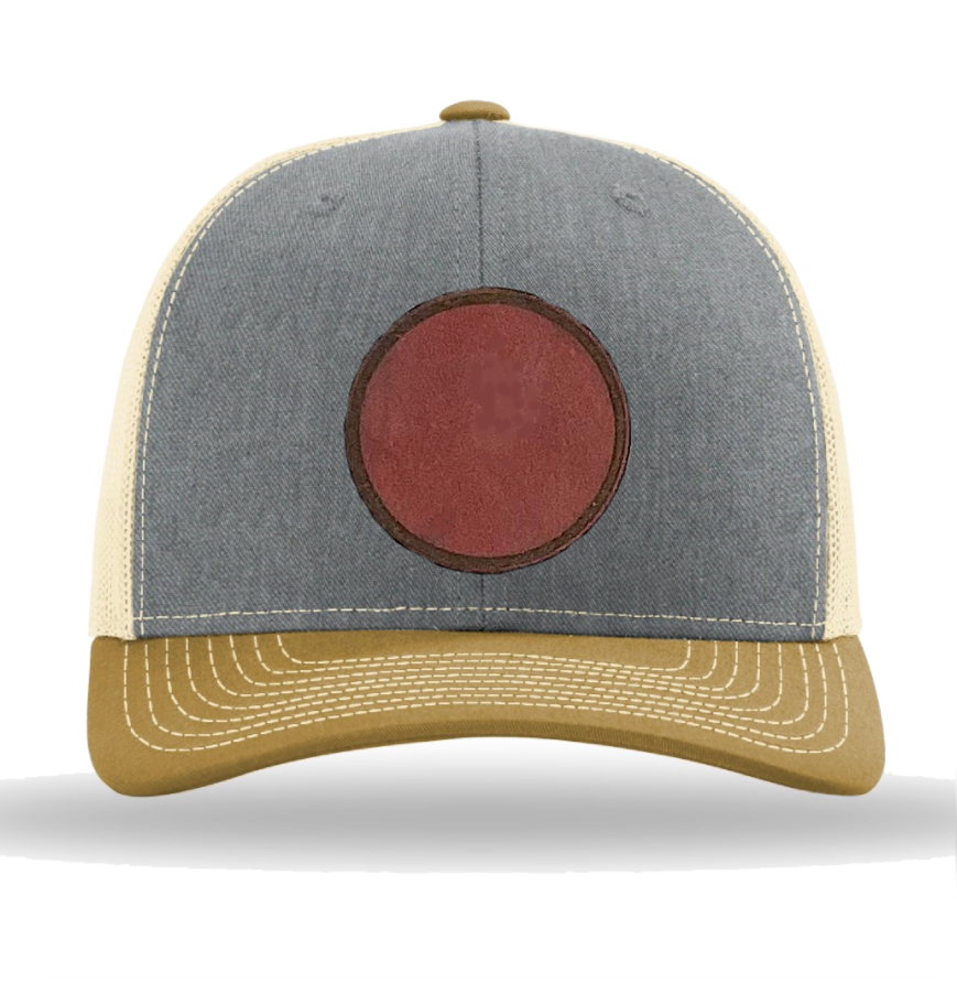 Heather Grey/ Birch/ Amber Gold Richardson Leather Patch Trucker Hat