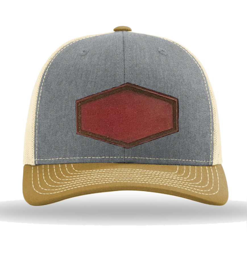 Heather Grey/ Birch/ Amber Gold Richardson Leather Patch Trucker Hat