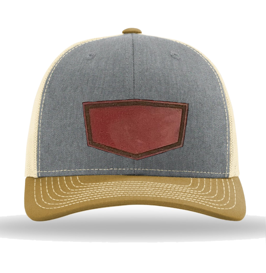 Heather Grey/ Birch/ Amber Gold Richardson Leather Patch Trucker Hat