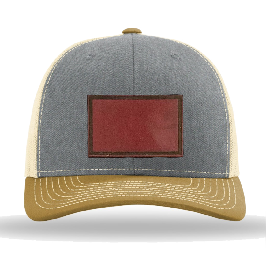 Heather Grey/ Birch/ Amber Gold Richardson Leather Patch Trucker Hat
