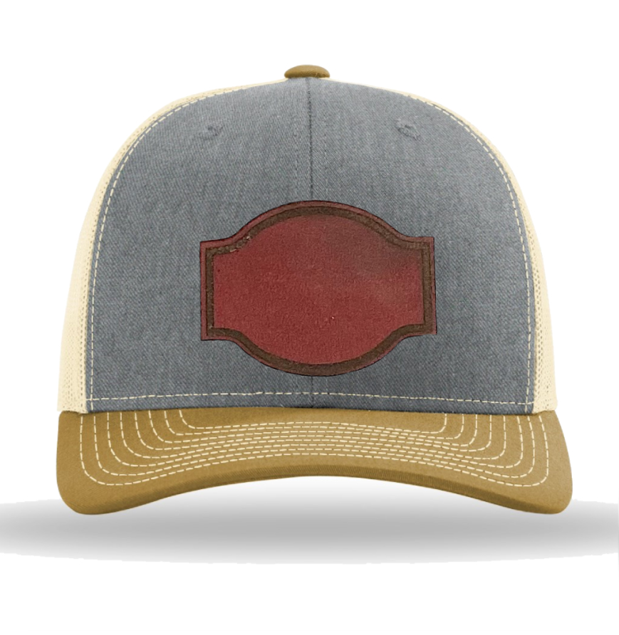 Heather Grey/ Birch/ Amber Gold Richardson Leather Patch Trucker Hat