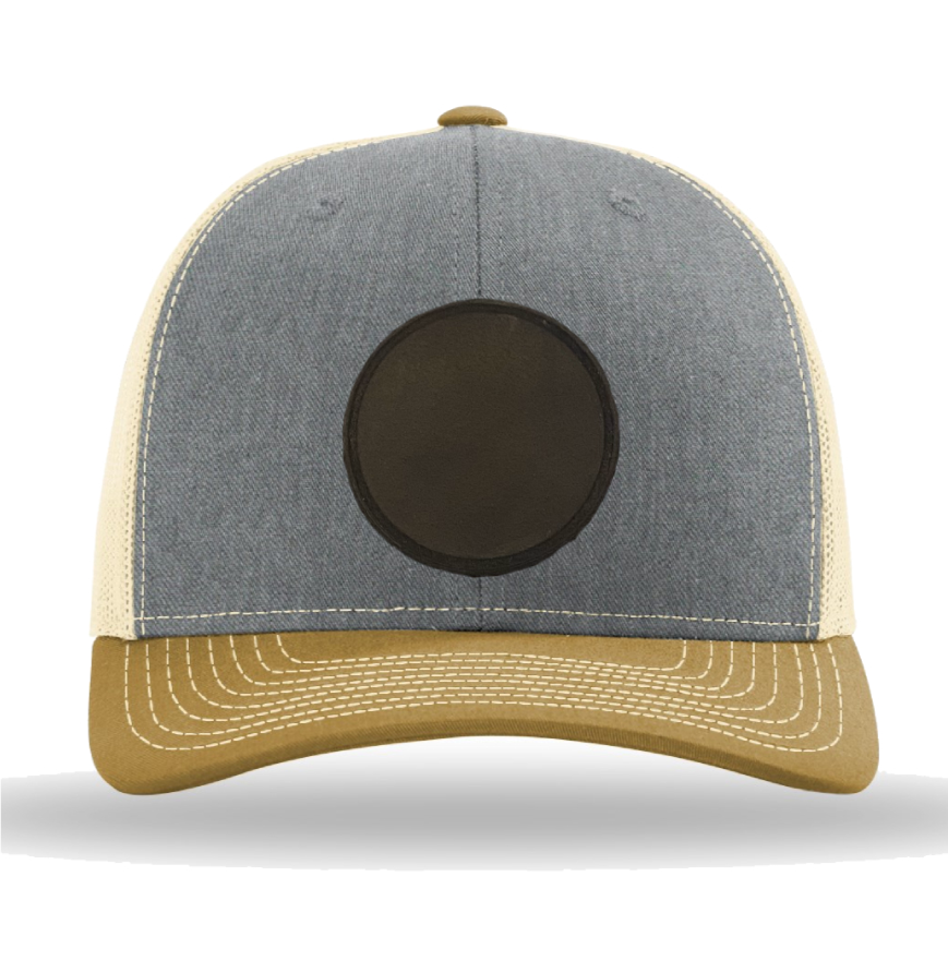 Heather Grey/ Birch/ Amber Gold Richardson Leather Patch Trucker Hat