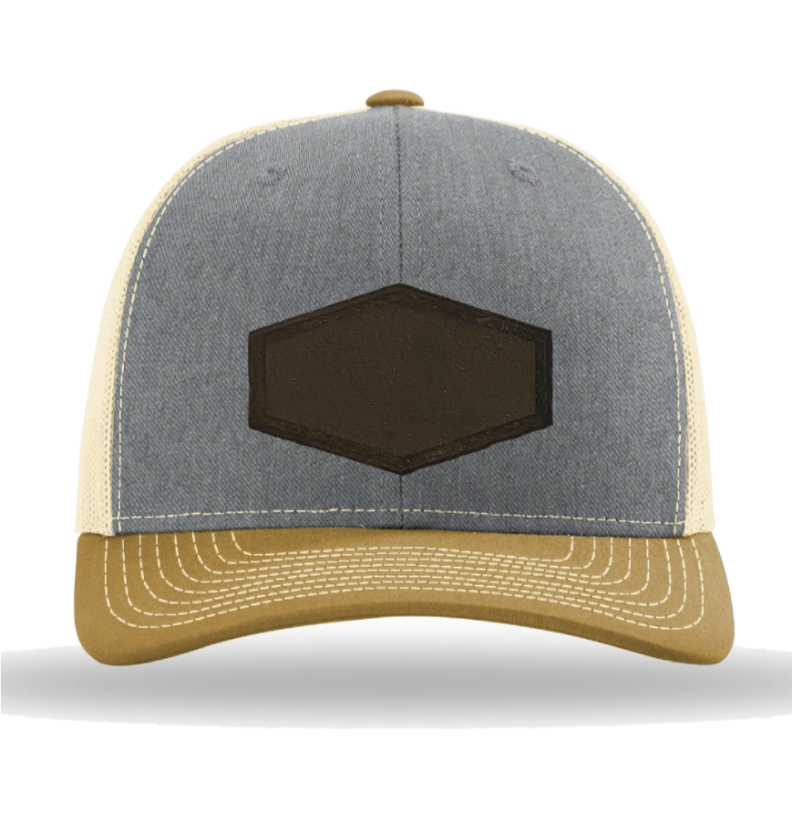 Heather Grey/ Birch/ Amber Gold Richardson Leather Patch Trucker Hat