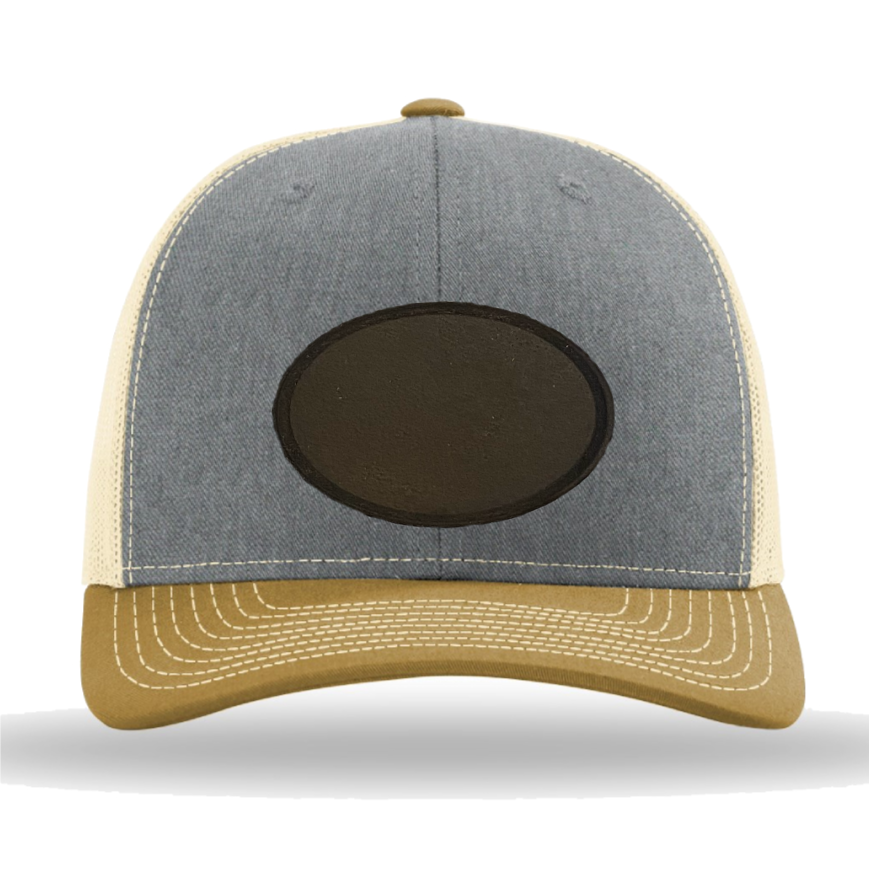 Heather Grey/ Birch/ Amber Gold Richardson Leather Patch Trucker Hat