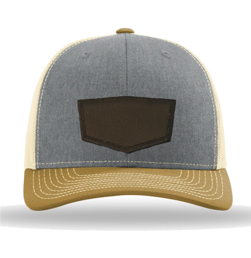 Heather Grey/ Birch/ Amber Gold Richardson Leather Patch Trucker Hat