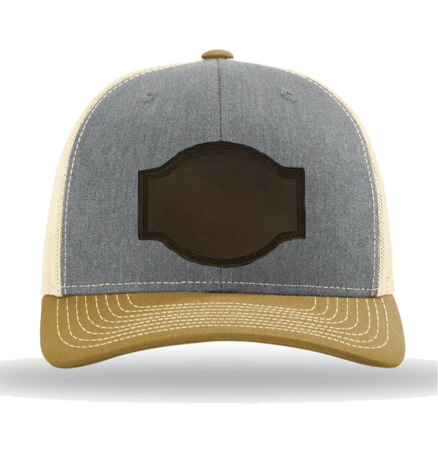 Heather Grey/ Birch/ Amber Gold Richardson Leather Patch Trucker Hat