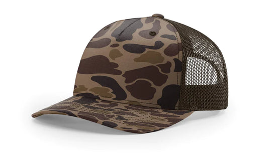 Bark Duck Camo/ Brown Richardson Leather Patch Trucker Hat