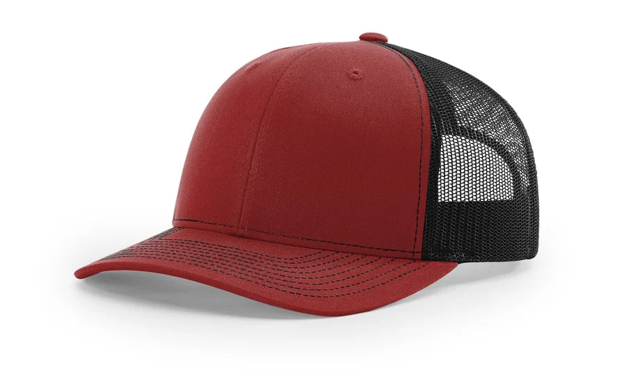 Cardinal/ Black Richardson Leather Patch Trucker Hat