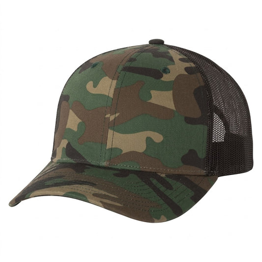 Woodland Camo/ Black Yupoong Leather Patch Trucker Hat