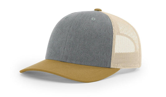 Heather Grey/ Birch/ Amber Gold Richardson Leather Patch Trucker Hat