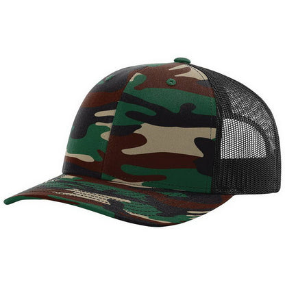 Woodland Camo/ Black Richardson Leather Patch Trucker Hat