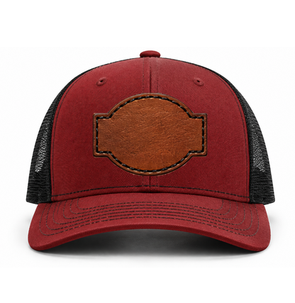 Cardinal/ Black Richardson Leather Patch Trucker Hat