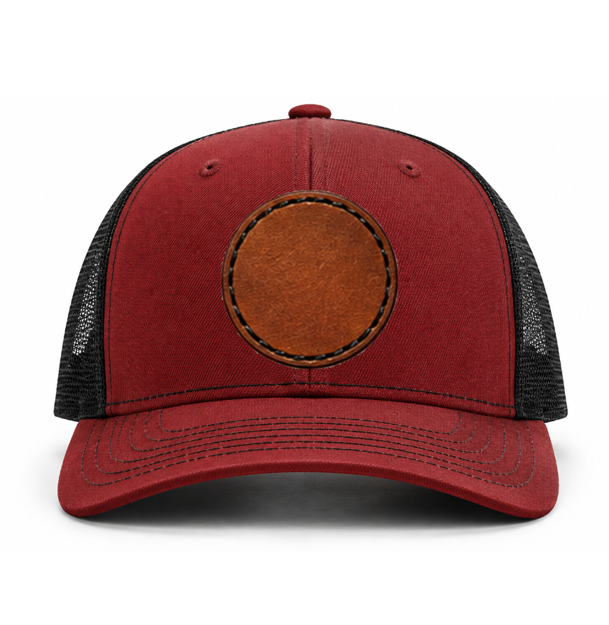 Cardinal/ Black Richardson Leather Patch Trucker Hat