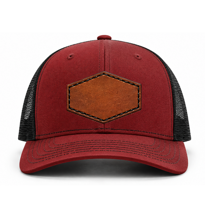 Cardinal/ Black Richardson Leather Patch Trucker Hat