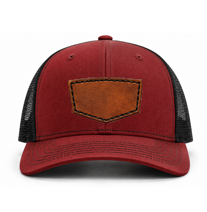 Cardinal/ Black Richardson Leather Patch Trucker Hat