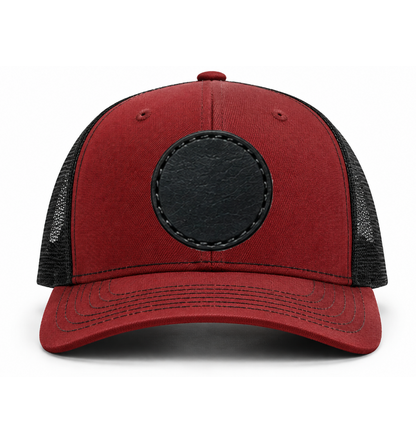 Cardinal/ Black Richardson Leather Patch Trucker Hat