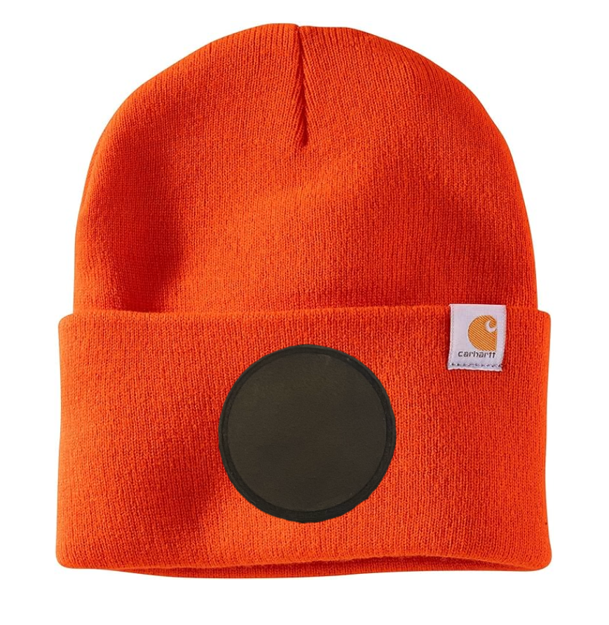 Bright Orange Carhartt Leather Patch Beanie