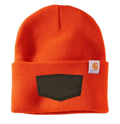 Bright Orange Carhartt Leather Patch Beanie