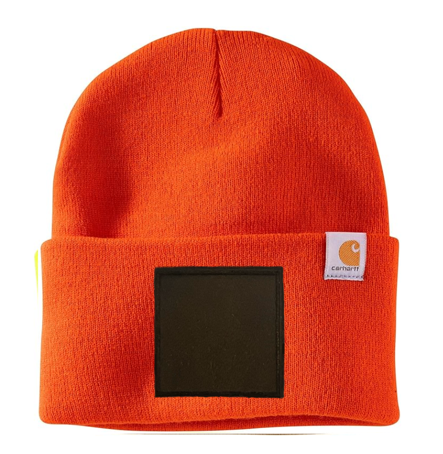 Bright Orange Carhartt Leather Patch Beanie