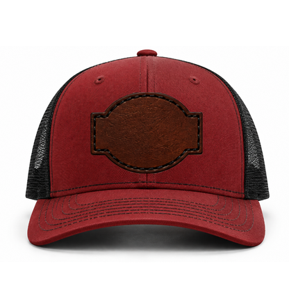 Cardinal/ Black Richardson Leather Patch Trucker Hat