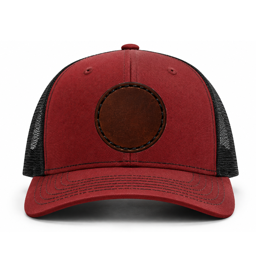 Cardinal/ Black Richardson Leather Patch Trucker Hat