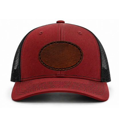 Cardinal/ Black Richardson Leather Patch Trucker Hat