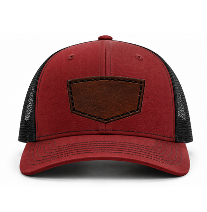 Cardinal/ Black Richardson Leather Patch Trucker Hat