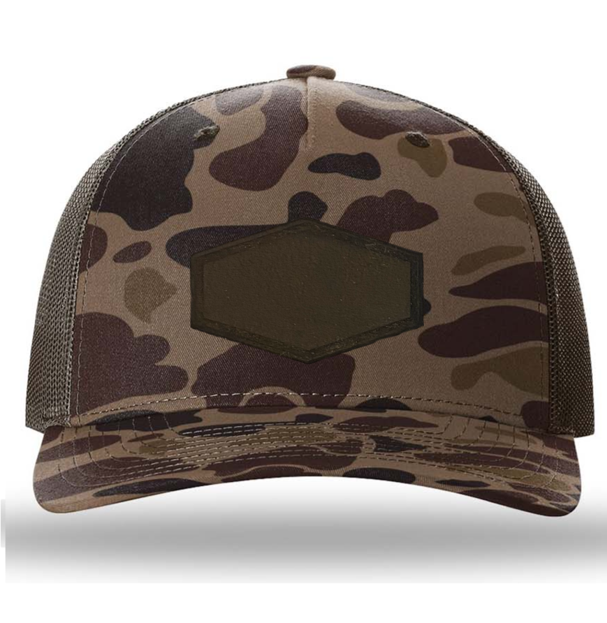 Bark Duck Camo/ Brown Richardson Leather Patch Trucker Hat