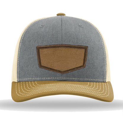 Heather Grey/ Birch/ Amber Gold Richardson Leather Patch Trucker Hat