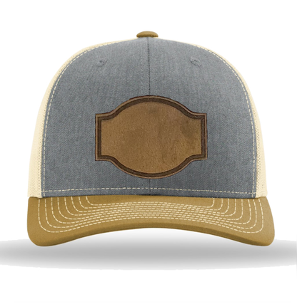 Heather Grey/ Birch/ Amber Gold Richardson Leather Patch Trucker Hat