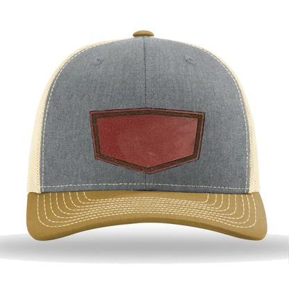 Heather Grey/ Birch/ Amber Gold Richardson Leather Patch Trucker Hat