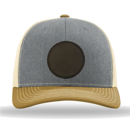 Heather Grey/ Birch/ Amber Gold Richardson Leather Patch Trucker Hat
