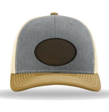 Heather Grey/ Birch/ Amber Gold Richardson Leather Patch Trucker Hat