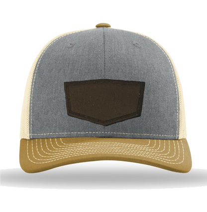 Heather Grey/ Birch/ Amber Gold Richardson Leather Patch Trucker Hat
