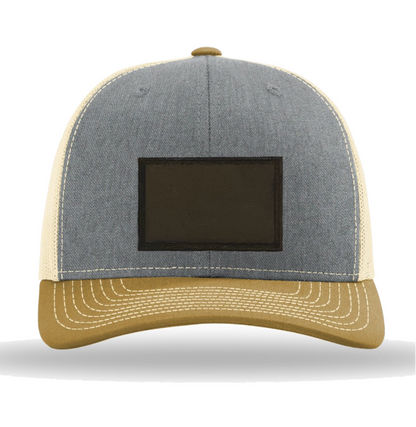 Heather Grey/ Birch/ Amber Gold Richardson Leather Patch Trucker Hat