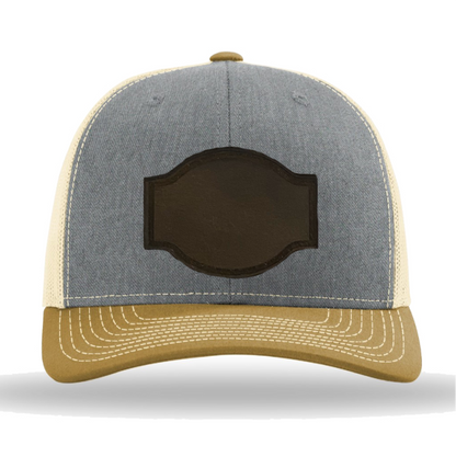 Heather Grey/ Birch/ Amber Gold Richardson Leather Patch Trucker Hat